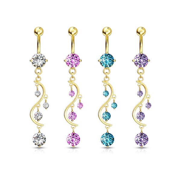 Navelpiercing met solitaire CZ en sierlijke CZ-bladhanger - Afbeelding 3