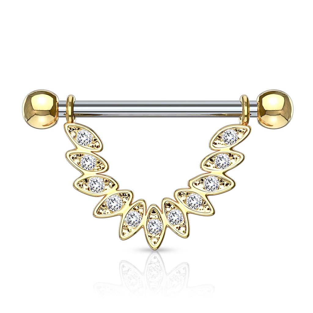 Tepelpiercing met met cz en veer hanger (Kleur: Goud)