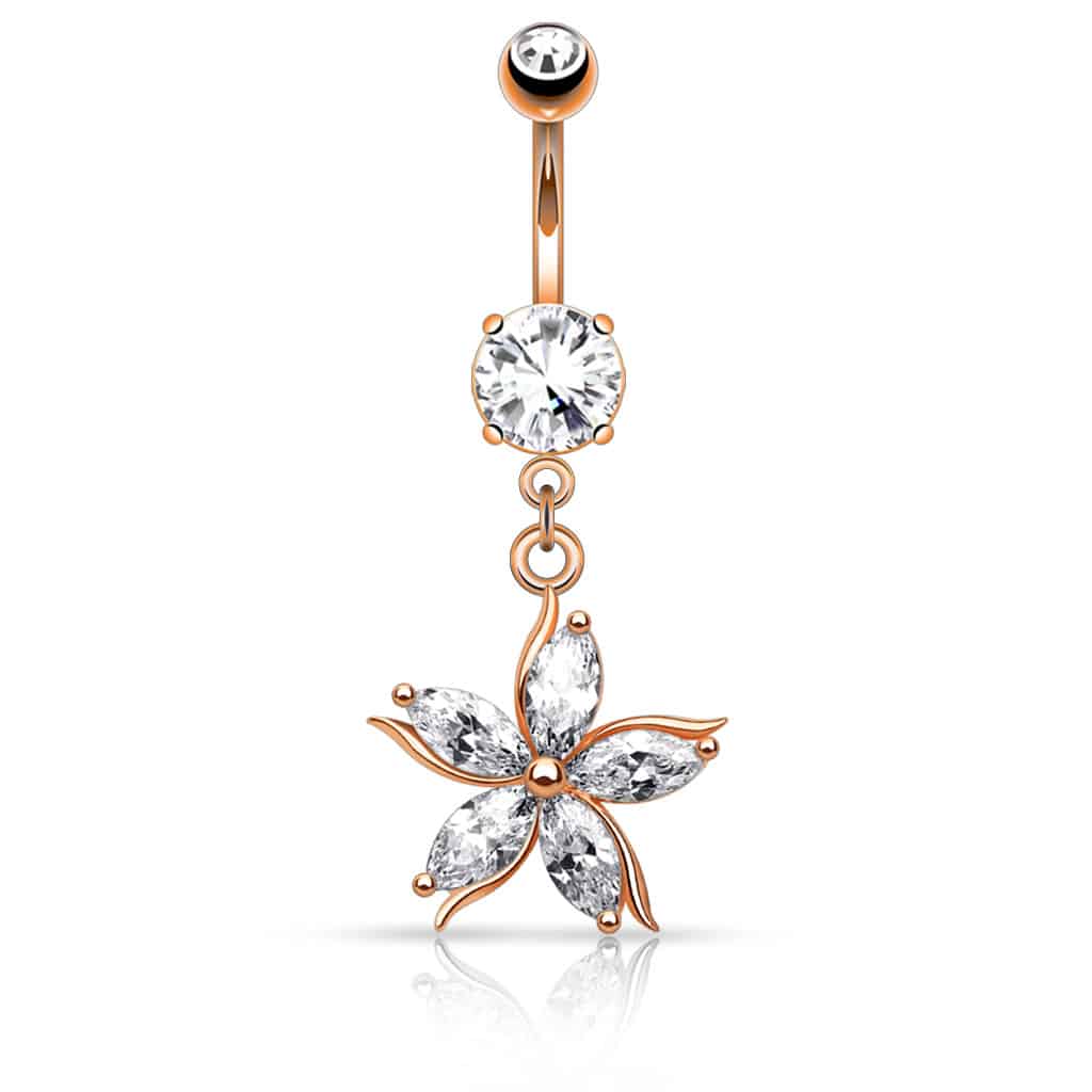Navelpiercing met bloemhanger en cz bloemblaadjes (Kleur: Rose Goud)