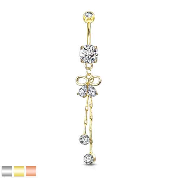 Navelpiercing met lintvormig design, peervormige cz steentjes en kristal aan kettinkje