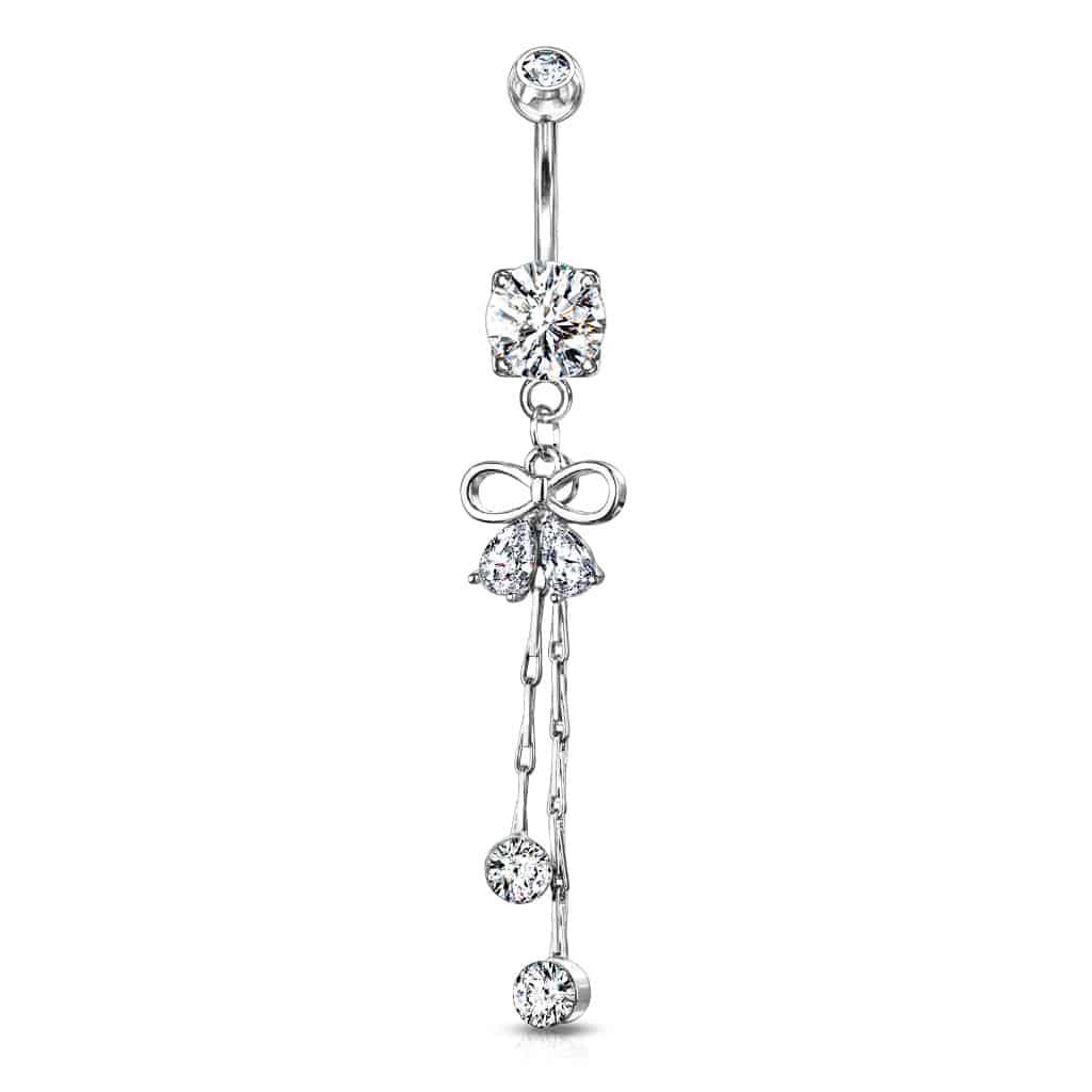 Navelpiercing met lintvormig design, peervormige cz steentjes en kristal aan kettinkje (Kleur: Zilverkleurig)