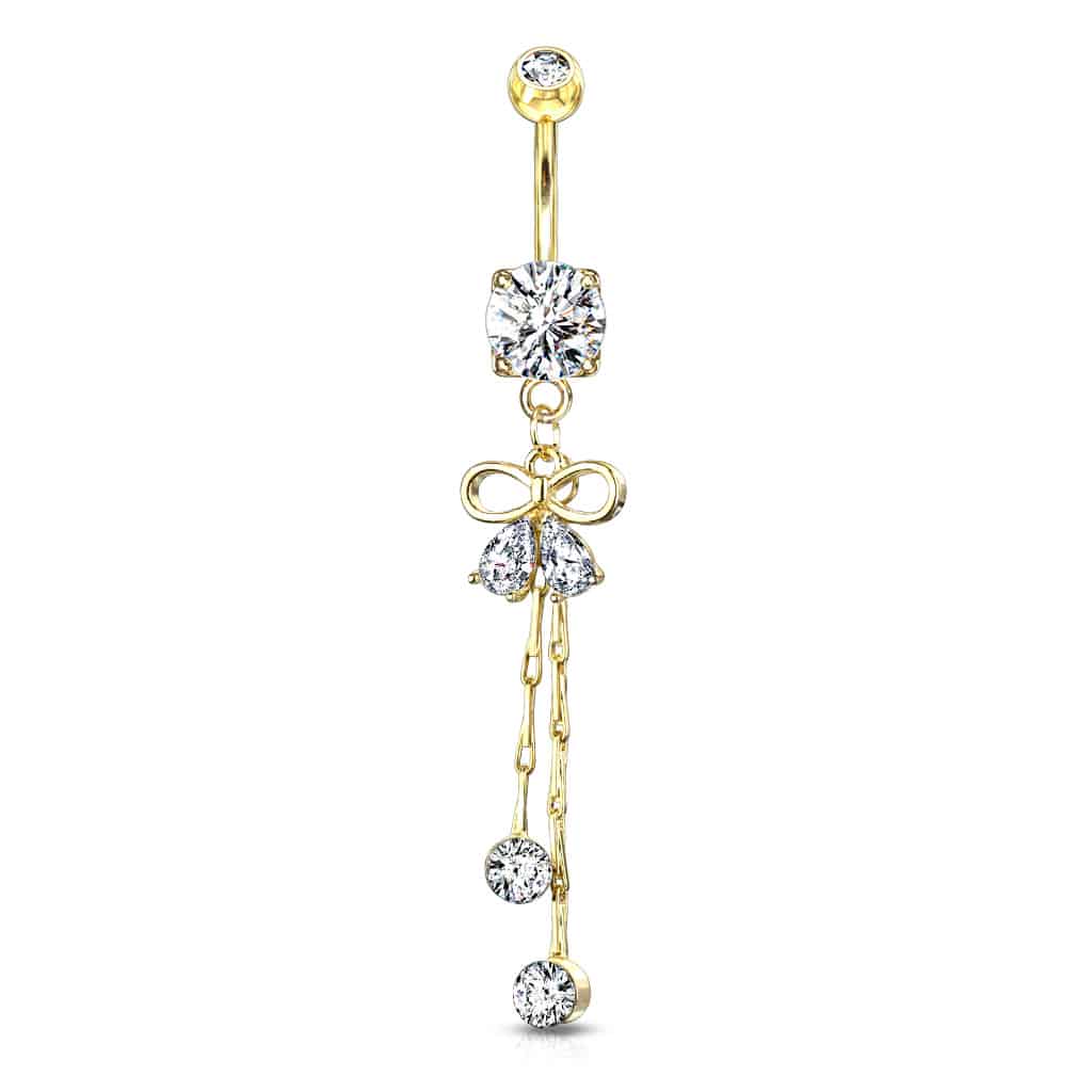 Navelpiercing met lintvormig design, peervormige cz steentjes en kristal aan kettinkje (Kleur: Goudkleurig)