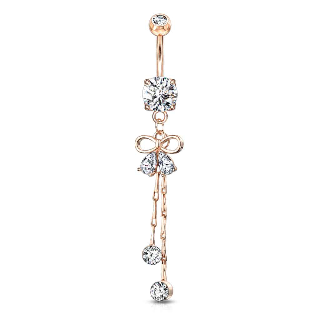 Navelpiercing met lintvormig design, peervormige cz steentjes en kristal aan kettinkje (Kleur: Rose Goud)
