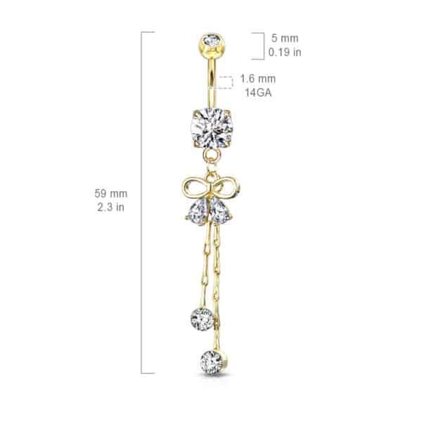 Navelpiercing met lintvormig design, peervormige cz steentjes en kristal aan kettinkje - Afbeelding 5