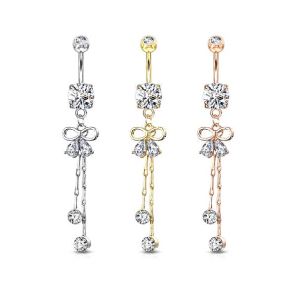 Navelpiercing met lintvormig design, peervormige cz steentjes en kristal aan kettinkje - Afbeelding 4