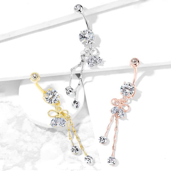Navelpiercing met lintvormig design, peervormige cz steentjes en kristal aan kettinkje - Afbeelding 2