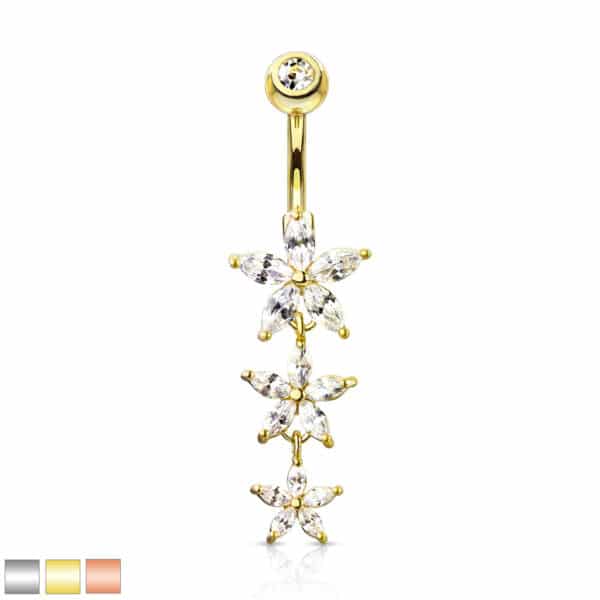 Navelpiercing met drie bungelende marquise bloemen en cz top