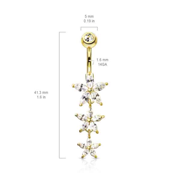 Navelpiercing met drie bungelende marquise bloemen en cz top - Afbeelding 2
