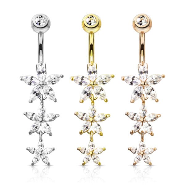 Navelpiercing met drie bungelende marquise bloemen en cz top - Afbeelding 4