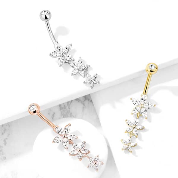 Navelpiercing met drie bungelende marquise bloemen en cz top - Afbeelding 5