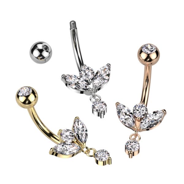 Navelpiercing met marquise cz blaadje en klein bungelend steentje