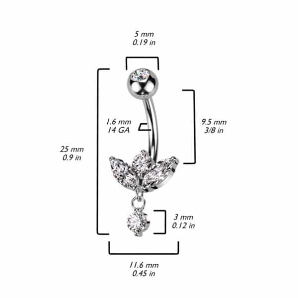 Navelpiercing met marquise cz blaadje en klein bungelend steentje - Afbeelding 2