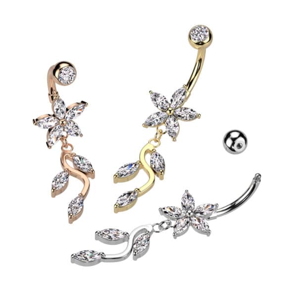Navelpiercing met bloem van 5 marquise cz en sierlijke tak-hanger