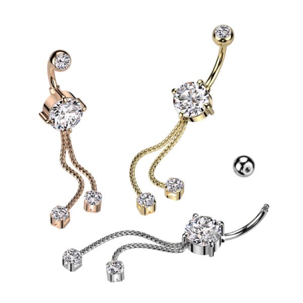 Navelpiercing met dubbele cz en twee bungelende kettinkjes