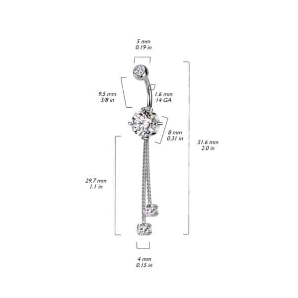 Navelpiercing met dubbele cz en twee bungelende kettinkjes - Afbeelding 2