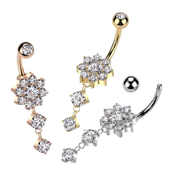 Navelpiercing met cz bloem en twee bungelende steentjes