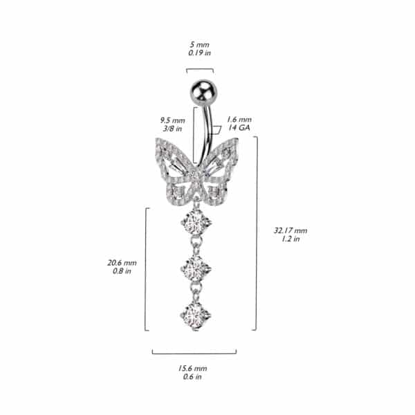 Navelpiercing met cz vlinder en drie bungelende steentjes - Afbeelding 2