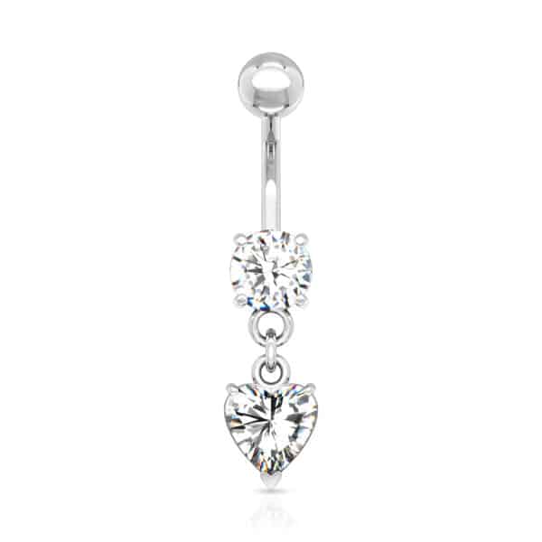 Navelpiercing met rond cz steentje en bungelend hartje - Afbeelding 3