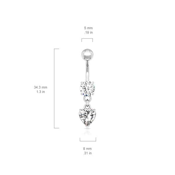 Navelpiercing met rond cz steentje en bungelend hartje - Afbeelding 2