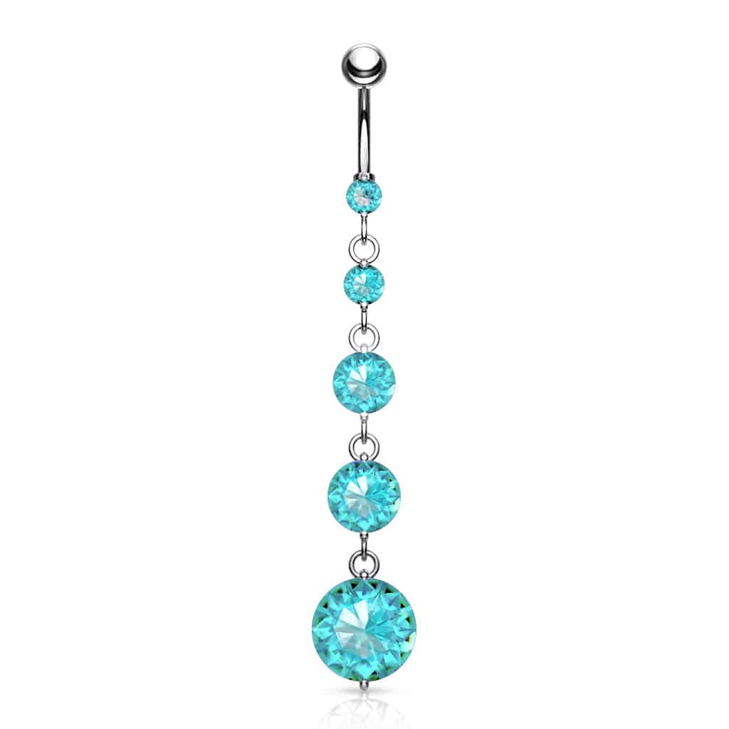 Navelpiercing met 5 ronde cz steentjes in verticale lijn (Steenkleur: Babyblauw)