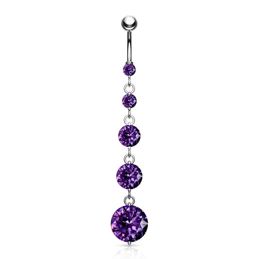 Navelpiercing met 5 ronde cz steentjes in verticale lijn (Steenkleur: Tanzanite)