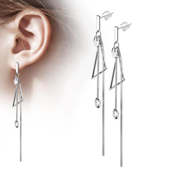 Set van 2 Abstracte oorbellen met ketting en hangende CZ-steentjes