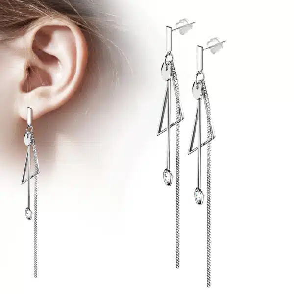 Set van 2 Abstracte oorbellen met ketting en hangende CZ-steentjes