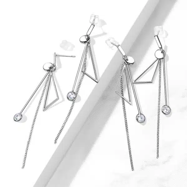 Set van 2 Abstracte oorbellen met ketting en hangende CZ-steentjes - Afbeelding 2