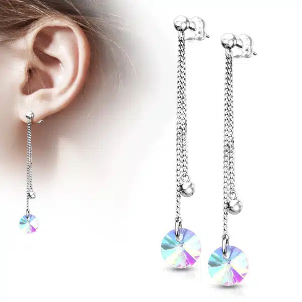 Oorbellen met dubbele ketting en parelmoer bedel