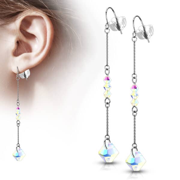 Set van 2 Hook oorbellen met ketting en iriserende kraaltjes