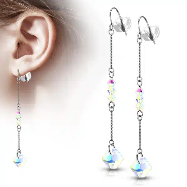 Set van 2 Hook oorbellen met ketting en iriserende kraaltjes