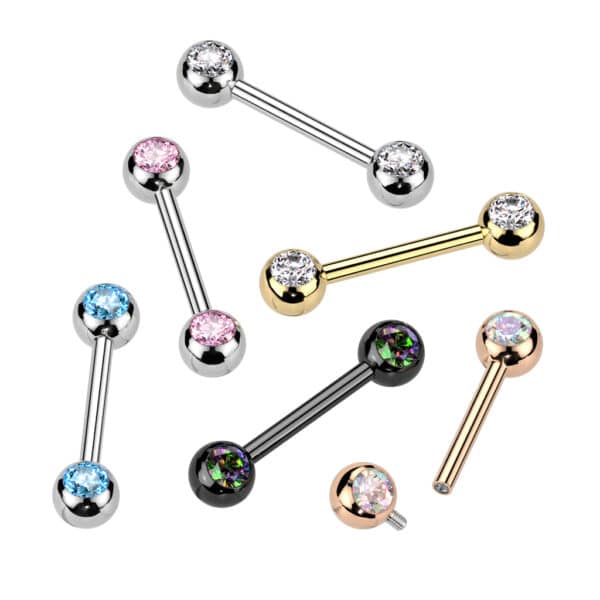 Titanium tepelpiercing met intern schroefdraad en CZ balletjes