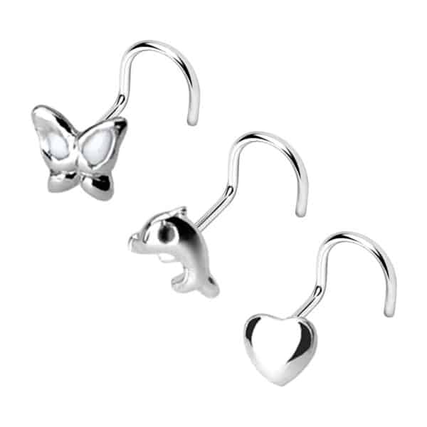 3-delige set sterling zilveren neus screws – dolfijn, vlinder & hartje - Afbeelding 2