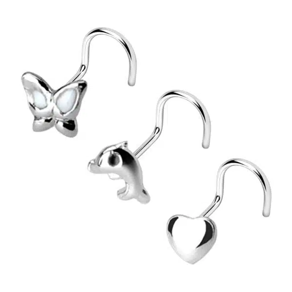 3-delige set sterling zilveren neus screws – dolfijn, vlinder & hartje - Afbeelding 2