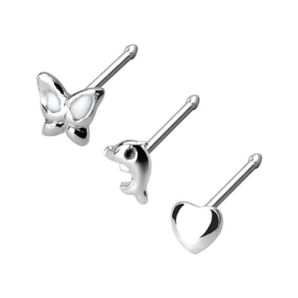 3-delige set sterling zilveren neus bones – dolfijn, vlinder & hartje - Afbeelding 2