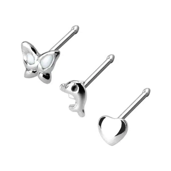 3-delige set sterling zilveren neus bones – dolfijn, vlinder & hartje - Afbeelding 2