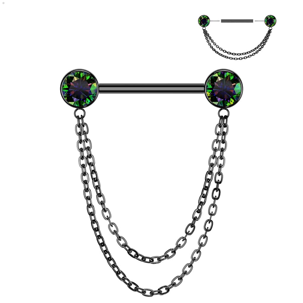 Tepelpiercing van titanium met dubbele kettinkjes (push in) (Kleur: Zwart, Steenkleur: Vitrail Medium, Lengte: 16 mm, Knop grootte: 6 mm)