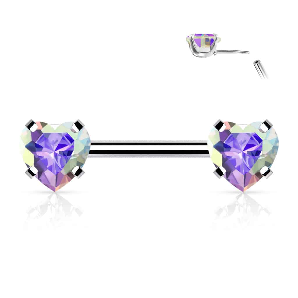 Tepelpiercing met hartje-steentjes (Kleur: Zilverkleurig, Steenkleur: Parelmoer)