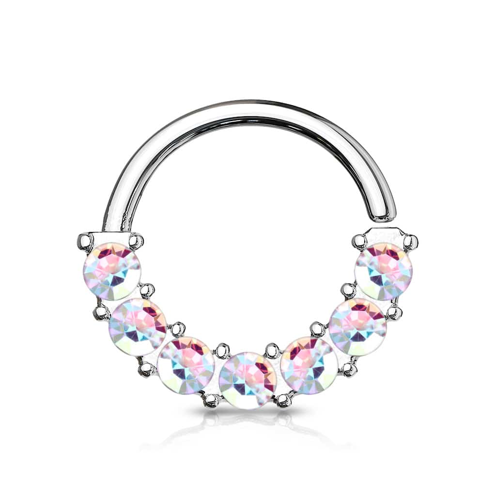 Buigbare ring met 7 steentjes aan de voorkant (Dikte: 1 mm, Kleur: Zilverkleurig, Steenkleur: Parelmoer)