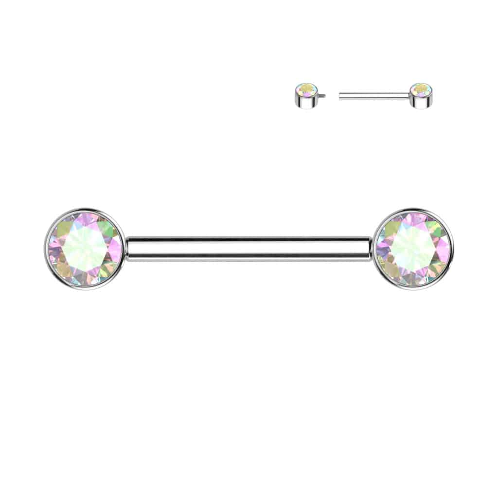 Tepelpiercing met fonkelende zirconia steentjes (Kleur: Zilverkleurig, Steenkleur: Parelmoer, Lengte: 16 mm)