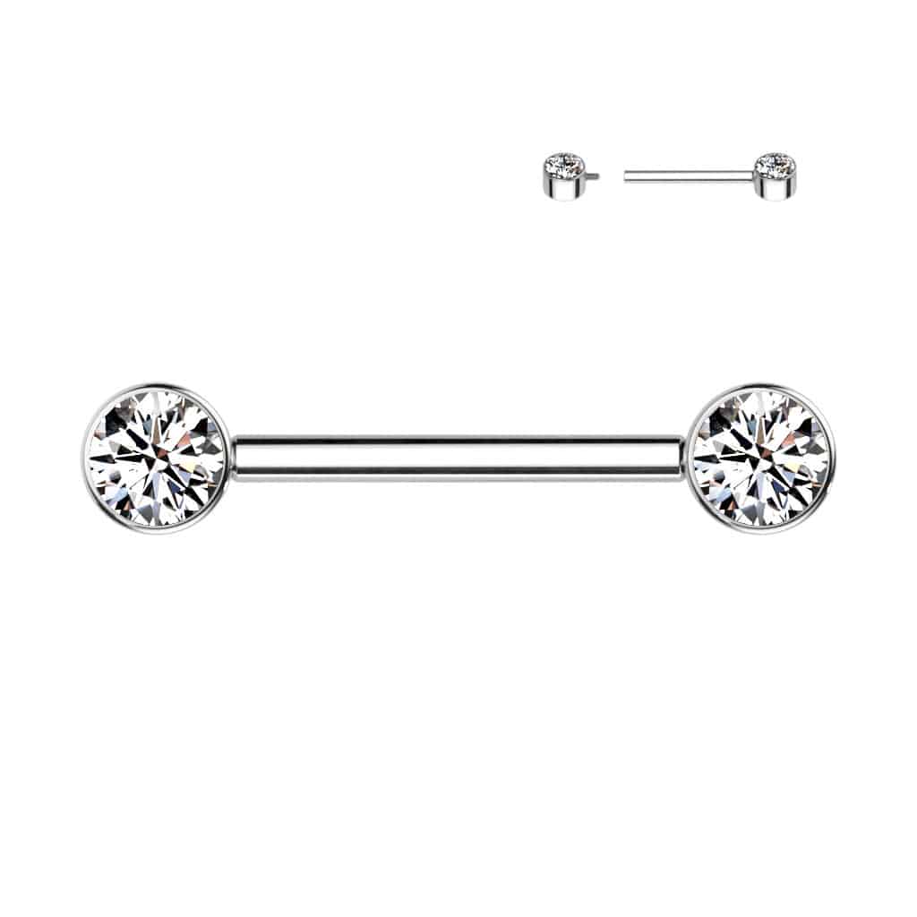 Tepelpiercing met fonkelende zirconia steentjes (Kleur: Zilverkleurig, Steenkleur: Helder, Lengte: 12 mm)