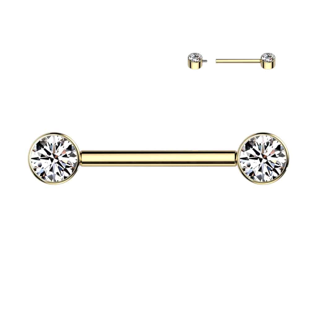 Tepelpiercing met fonkelende zirconia steentjes (Kleur: Goudkleurig, Steenkleur: Helder, Lengte: 16 mm)
