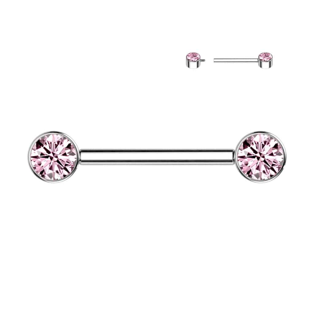 Tepelpiercing met fonkelende zirconia steentjes (Kleur: Zilverkleurig, Steenkleur: Roze, Lengte: 16 mm)