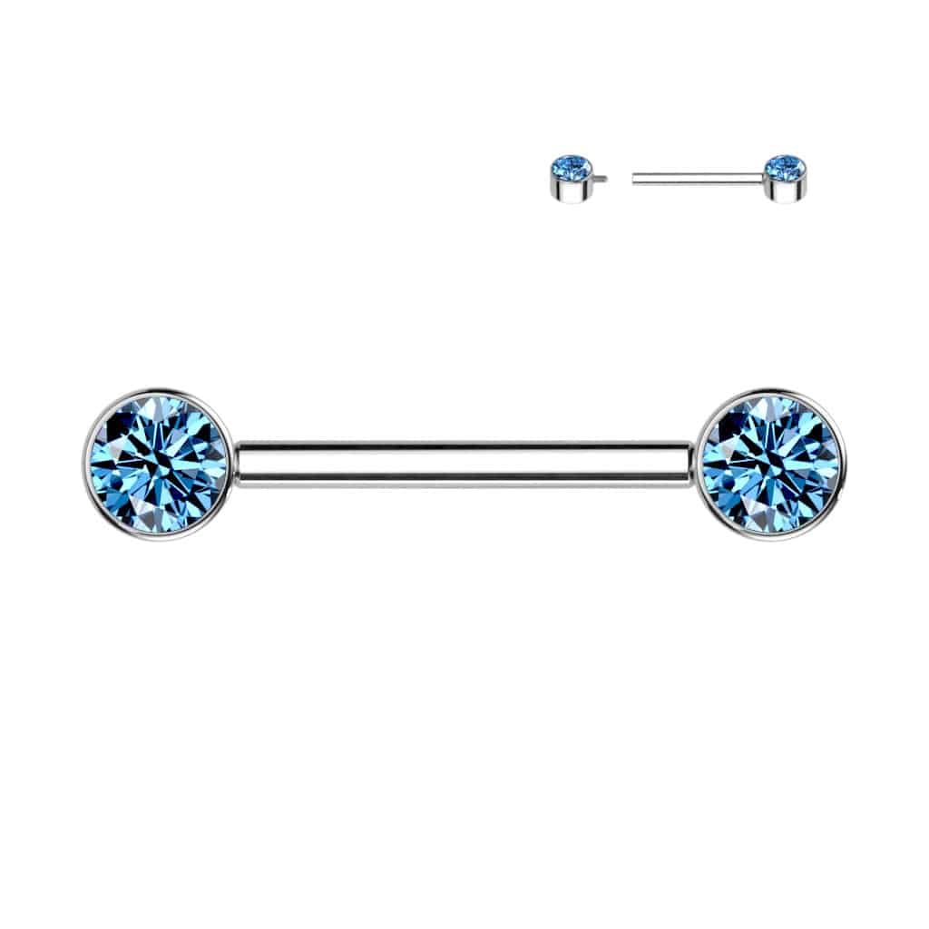 Tepelpiercing met fonkelende zirconia steentjes (Kleur: Zilverkleurig, Steenkleur: Babyblauw, Lengte: 12 mm)