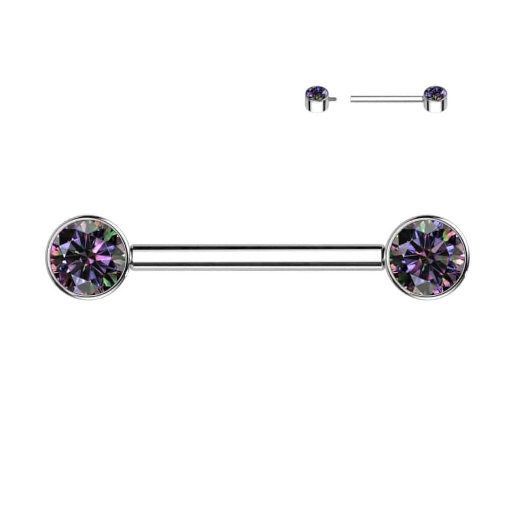 Tepelpiercing met fonkelende zirconia steentjes (Kleur: Zilverkleurig, Steenkleur: Parelmoer, Lengte: 12 mm)